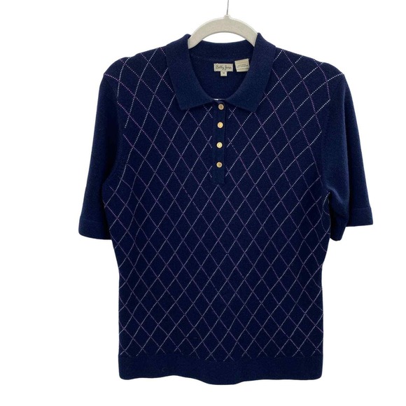 Bobby Jones Short Sleeve Golf Sweater Womens Medium Blue Argyle Wool Cashmere - Picture 1 of 5
